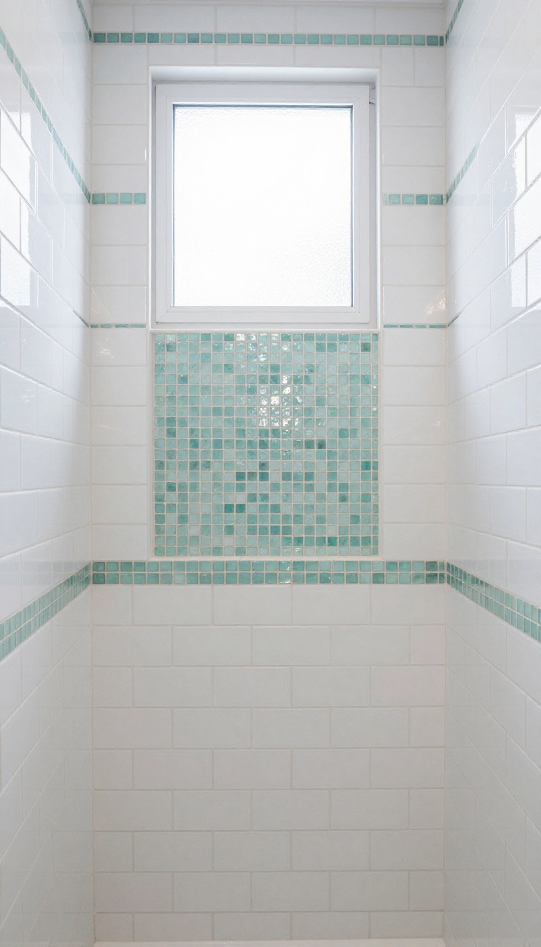 White tile shower with a glass mosaic border in blue and green, creating a subtle accent band and niche detail.