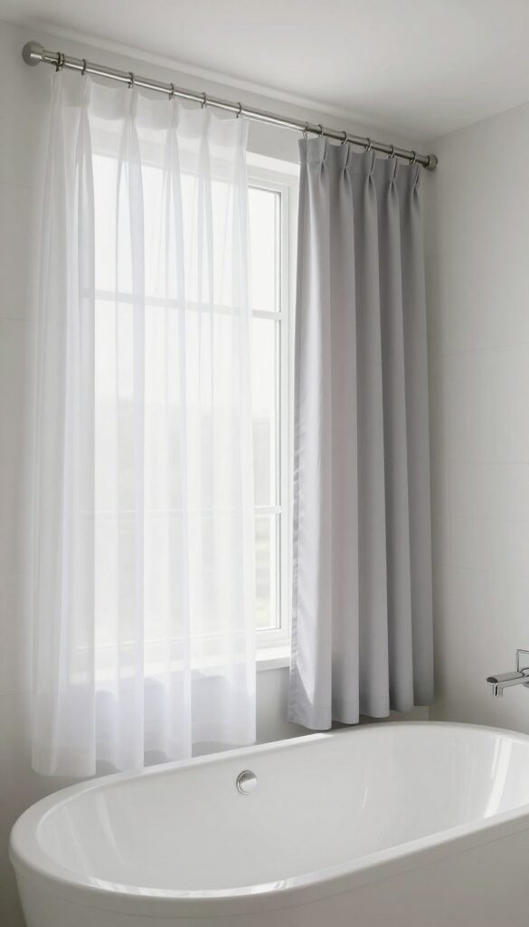 Layered sheer and opaque shower curtains in a bright bathroom