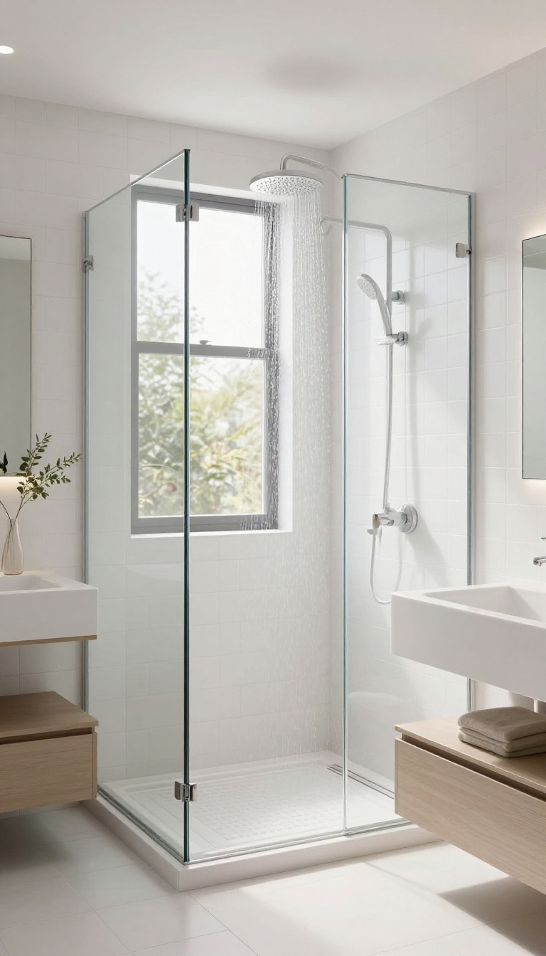 Modern bathroom with a half wall shower partition and open top, allowing natural light to flow through.
