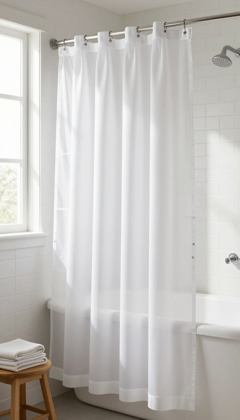 Tall shower curtain with extra-long liner and weighted magnets in a bright bathroom