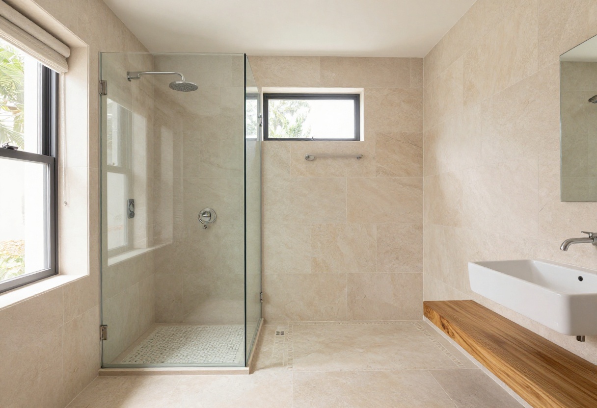Modern bathroom with a stone shower featuring slate walls and a pebble floor