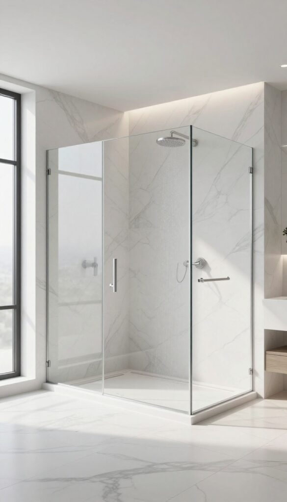 Modern bathroom shower with large-format porcelain slabs in marble look, seamless and grout-free