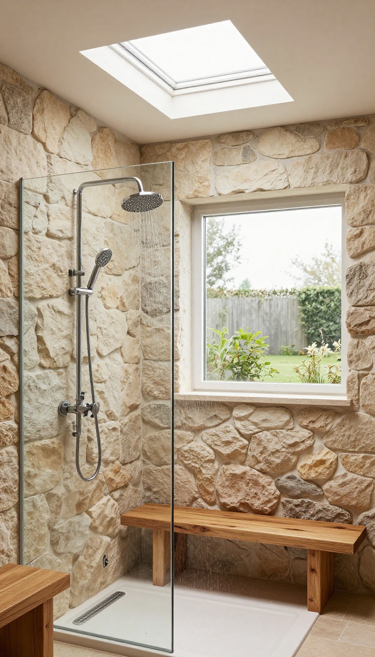 Rustic walk-in shower with skylight and frosted window, natural light highlighting stone and wood textures