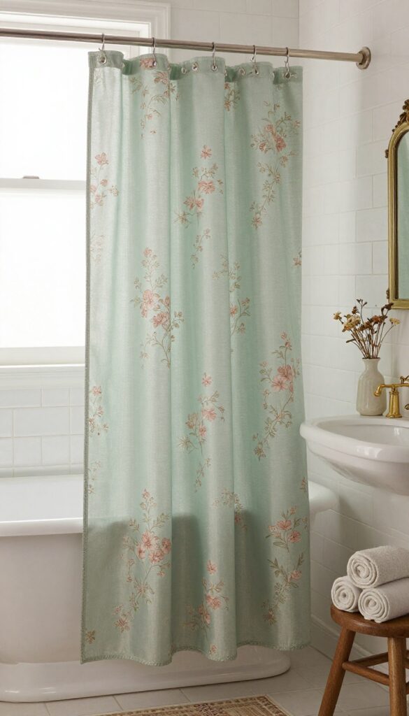 Vintage-inspired bathroom with toile shower curtain in muted sage and rose tones, clawfoot tub, and natural light.