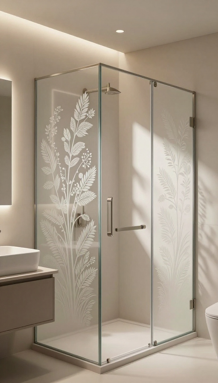 Modern bathroom with etched glass shower door featuring a delicate vine pattern, bright natural light, and clean design.
