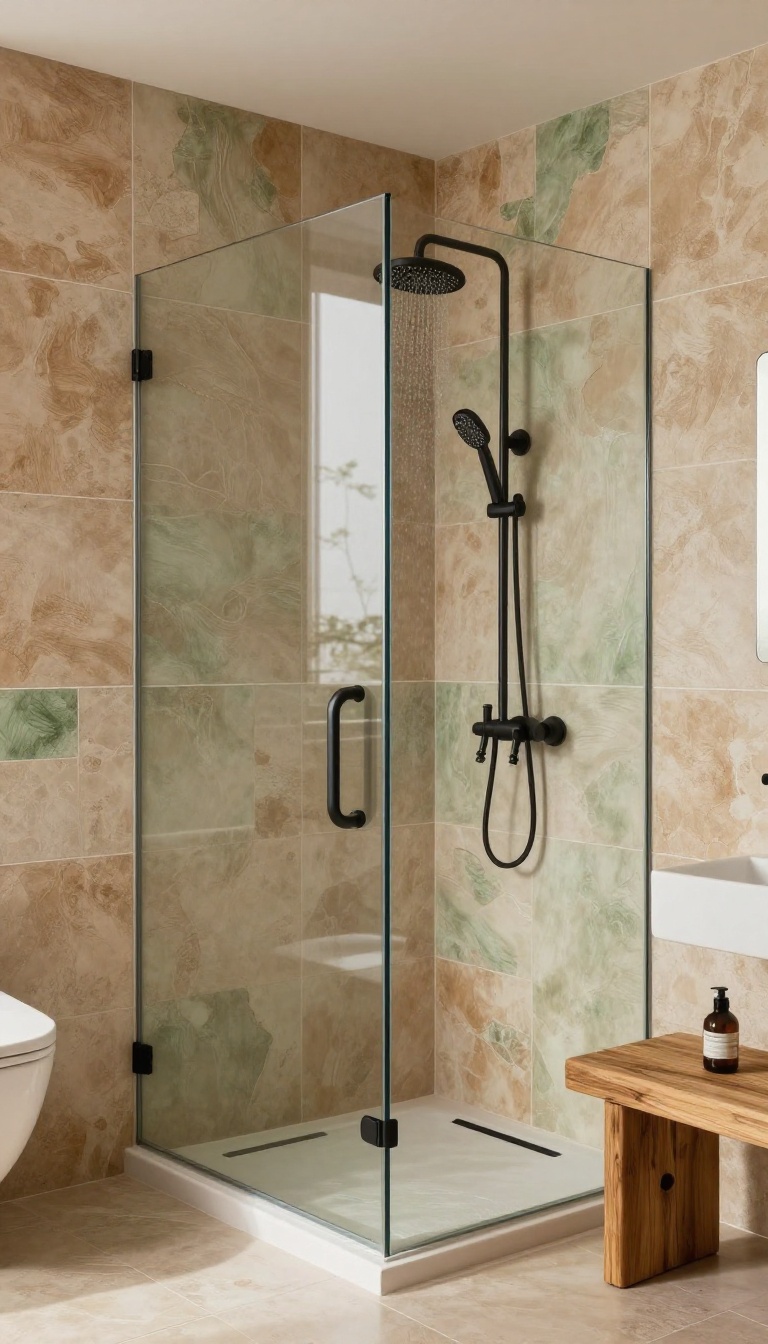 Modern rustic shower with textured earthy ceramic tiles, matte black fixtures, and a teak bench