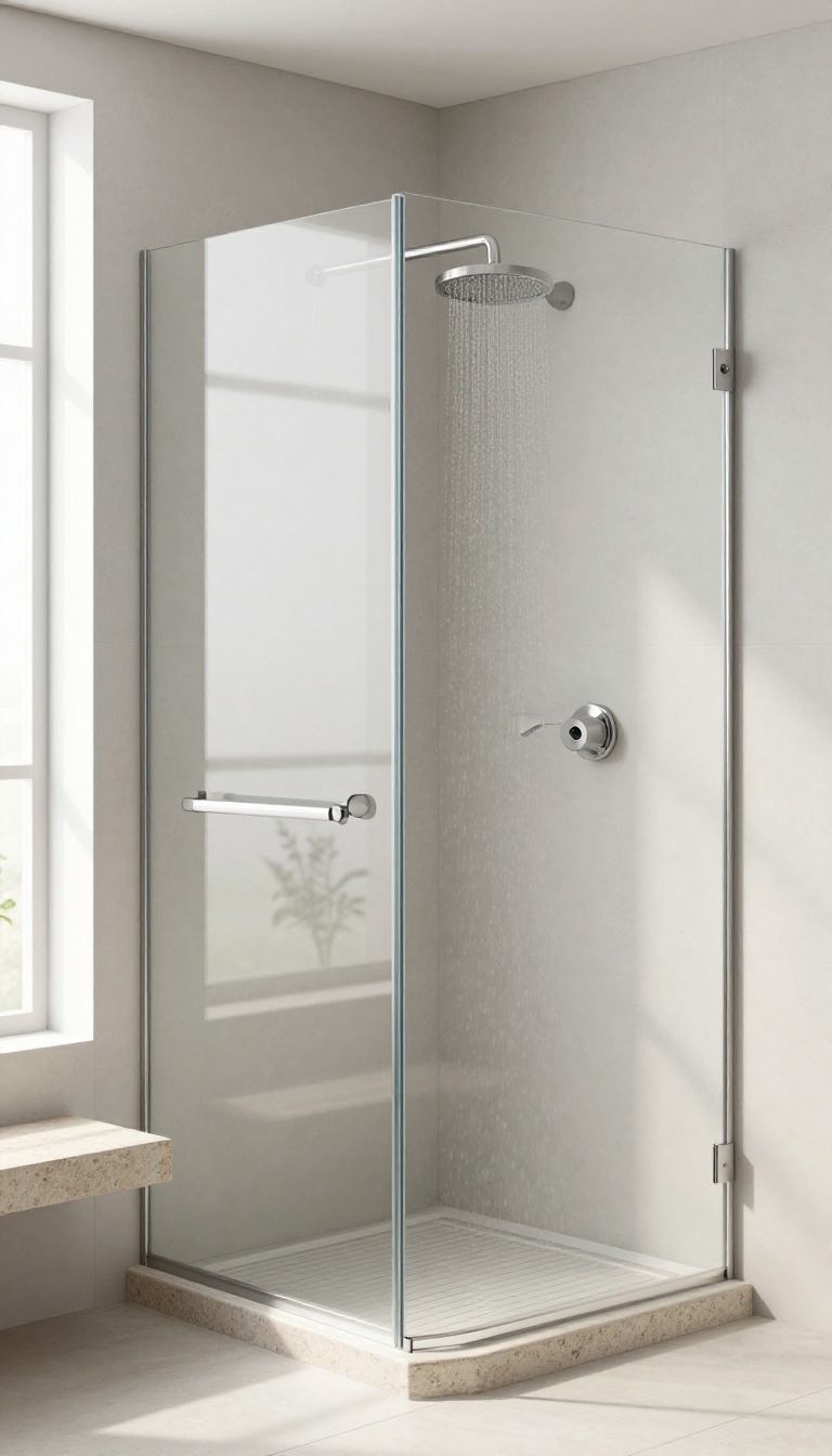 Modern shower with natural stone border framing the niche and walls