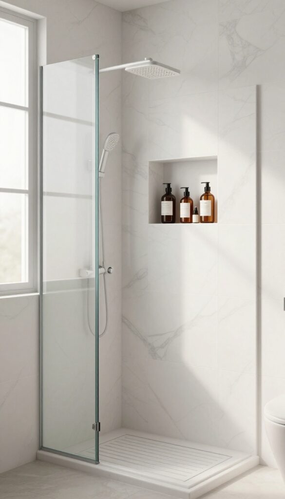 Modern shower with built-in tile niche holding amber bottles