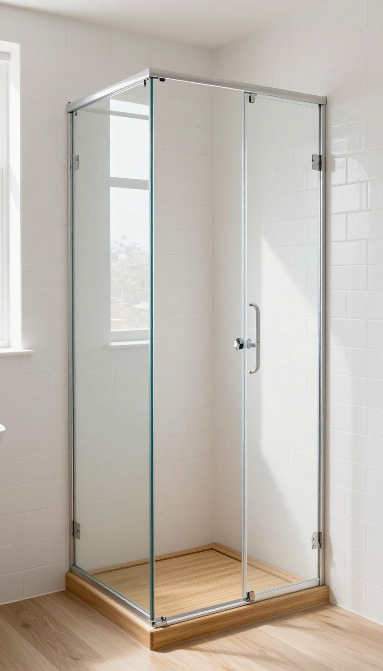 Compact shower cabin with a fold-down teak bench folded up against the tiled wall, bright natural light, modern minimalist bathroom design.