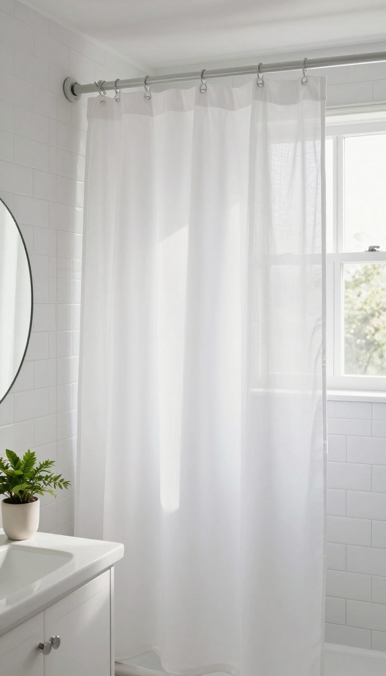 Small bathroom with curved shower rod and white curtain, bright and airy