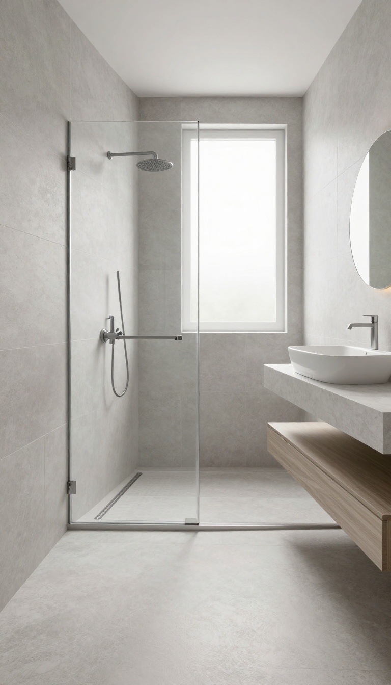 Open wet room bathroom with walk-in shower and glass divider