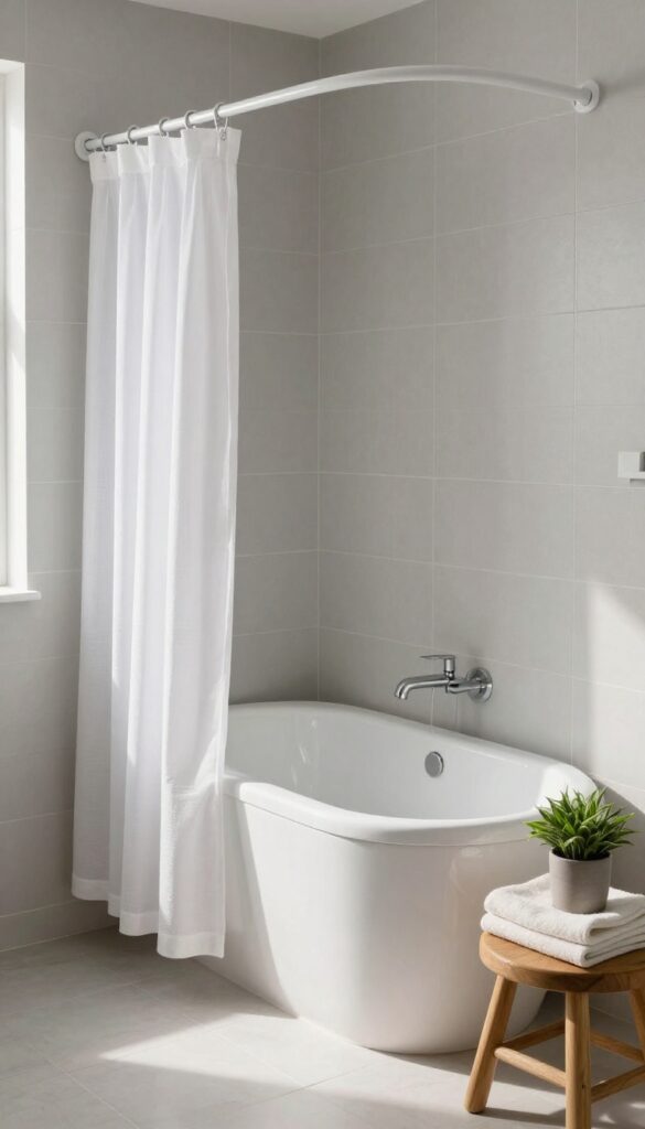 Small bathroom with curved shower curtain rod and white curtain, showing extra elbow room inside the shower.