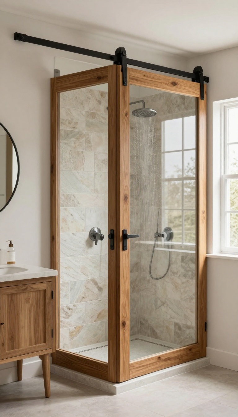 Sliding barn door shower with wood frame in a rustic bathroom
