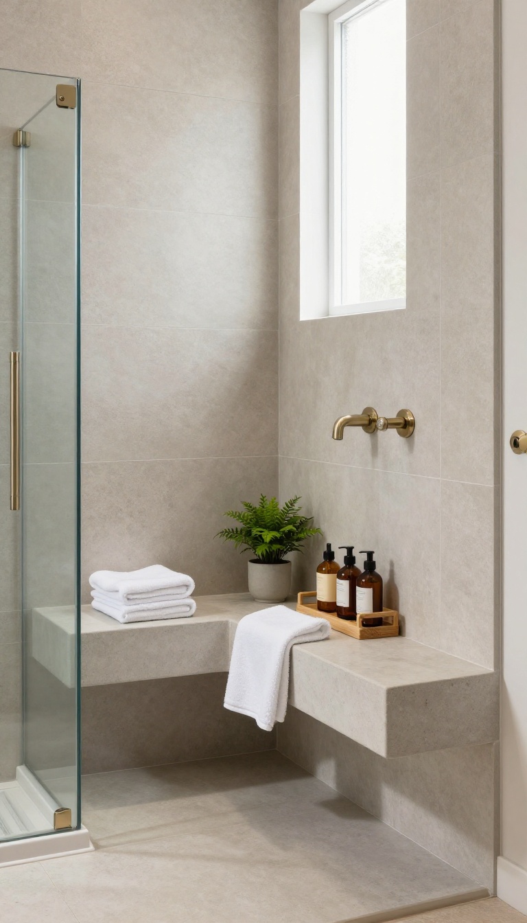 Modern walk-in shower with an L-shaped bench providing seating and storage, styled with a towel, plant, and toiletries.