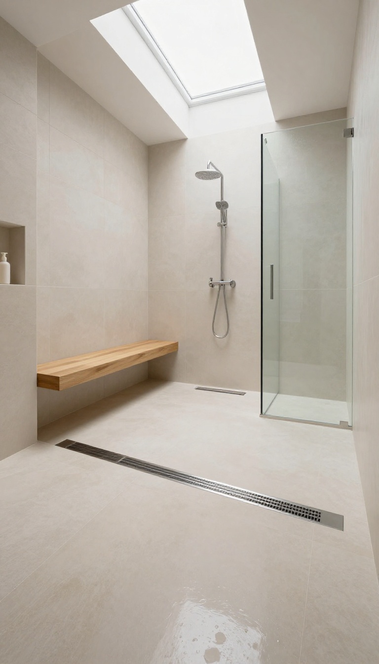 Open wet room bathroom with central linear drain and curbless shower, textured beige tiles, natural light, minimalist spa-like design