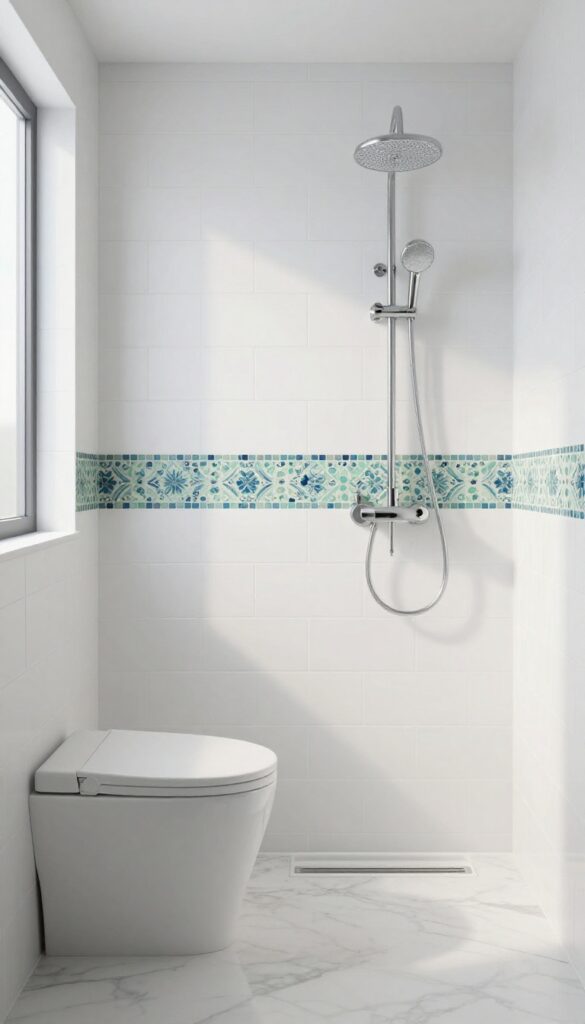 Modern shower with marble seat and mosaic tile accent strip