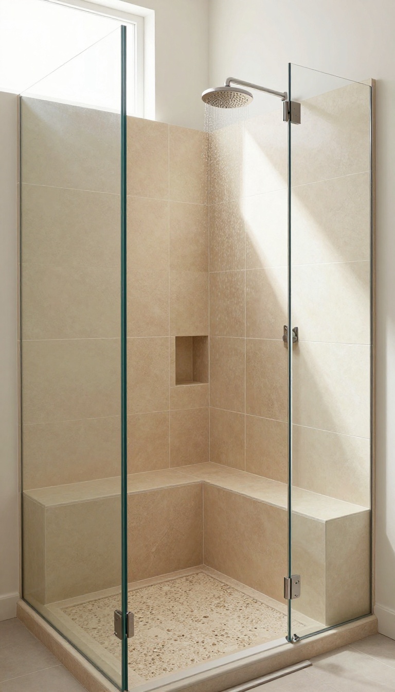 Modern walk-in shower with a built-in tile bench featuring a recessed storage niche, illuminated by natural light.