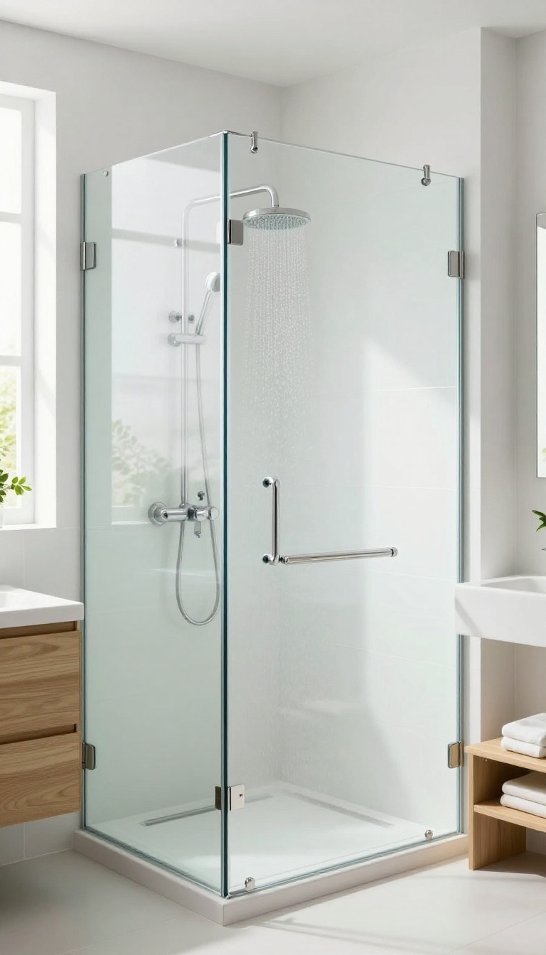 Modern bathroom with smart glass shower that can switch from clear to frosted for privacy