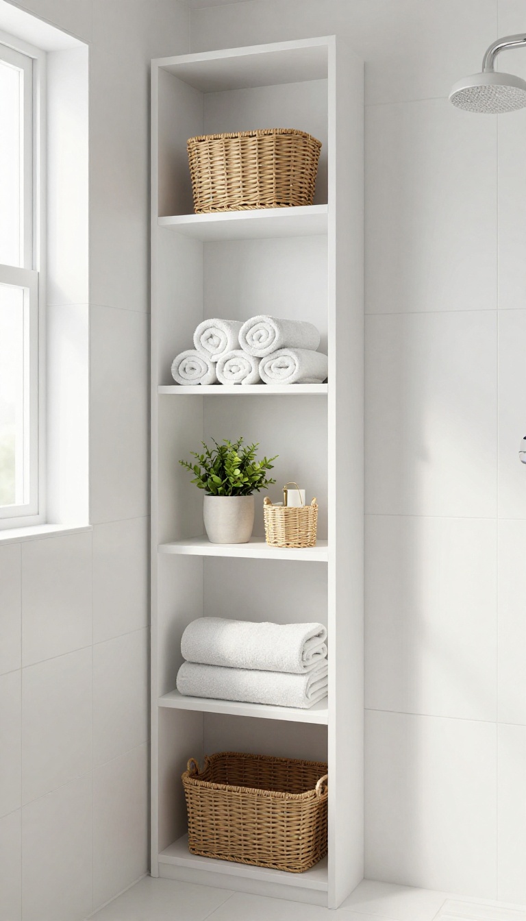 Small shower room with tall storage shelves holding towels and baskets