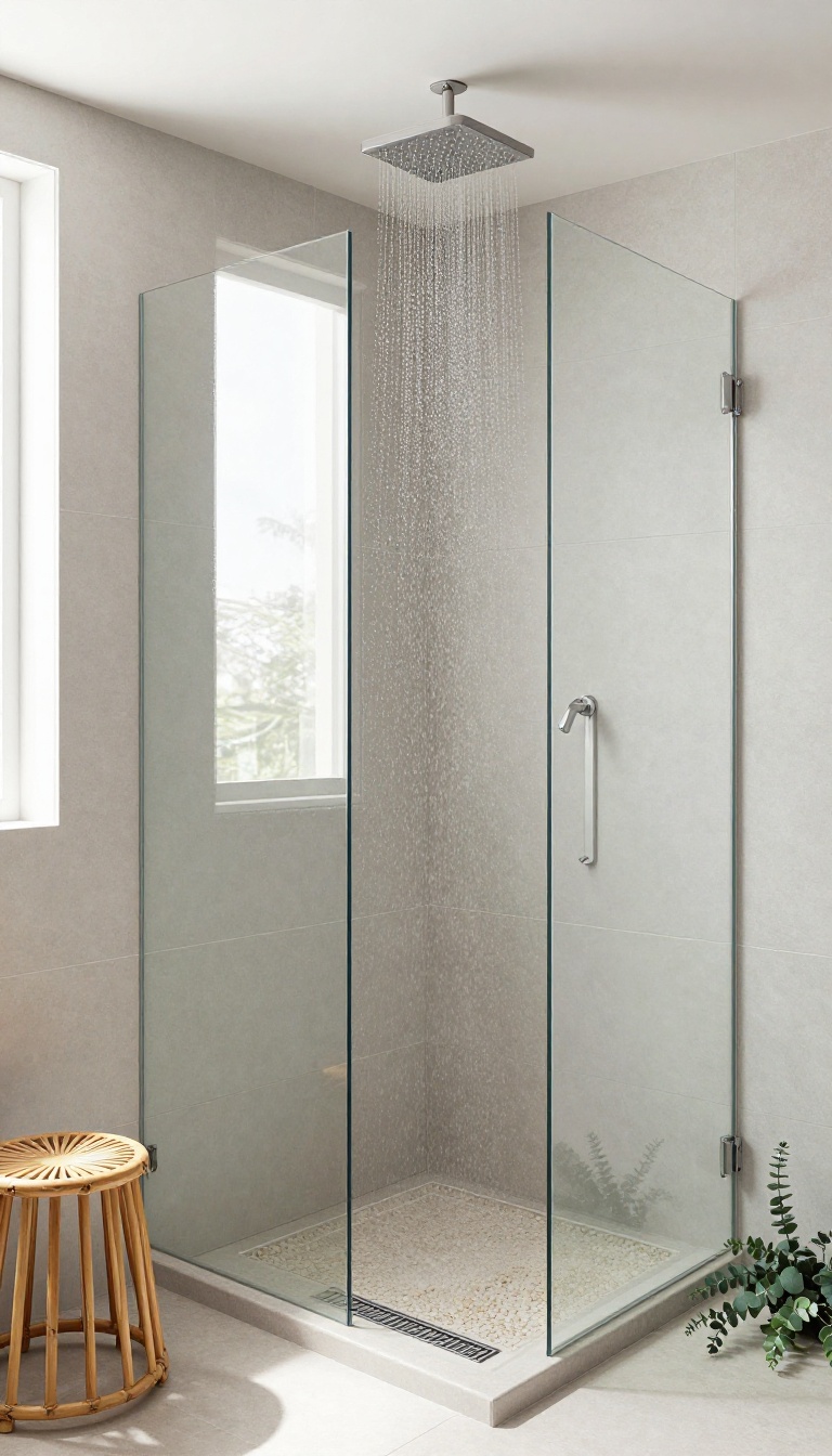 Small walk-in shower with rainfall showerhead and natural stone floor