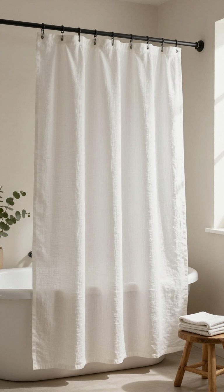 Bright bathroom with a textured white linen shower curtain and natural accents