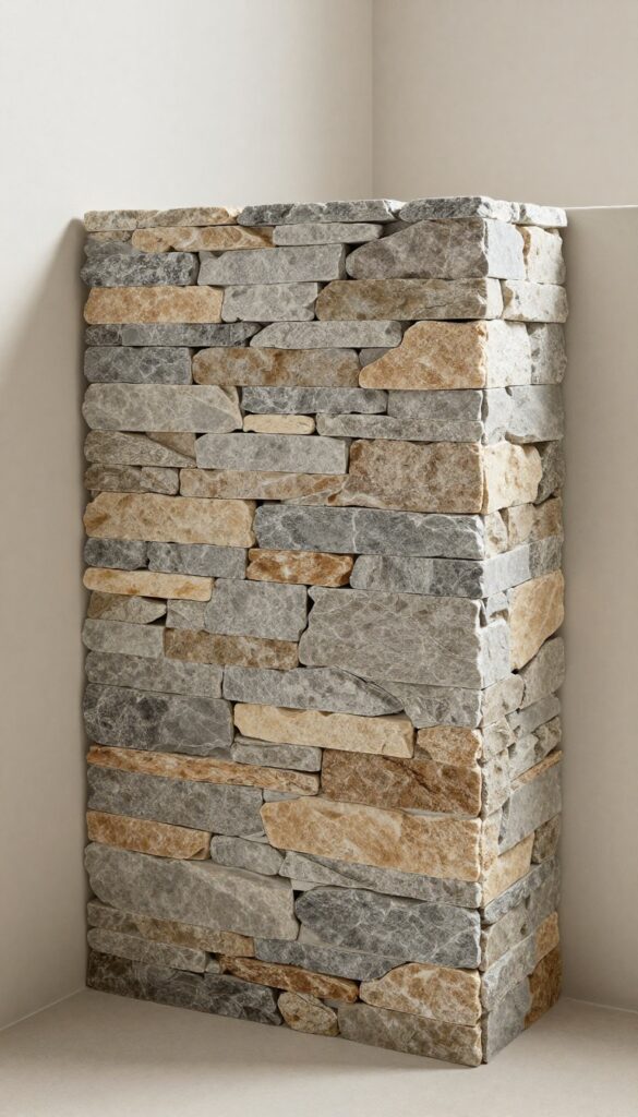 Stacked stone veneer shower curb in a modern bathroom