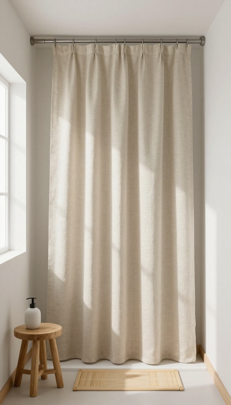 Minimalist bathroom with a high neutral beige linen shower curtain, bamboo mat, and natural wood accents in soft light