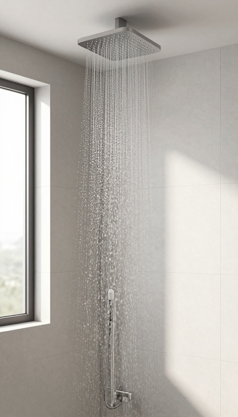 Modern bathroom shower with a ceiling-mounted rainfall showerhead and glass enclosure in bright natural light