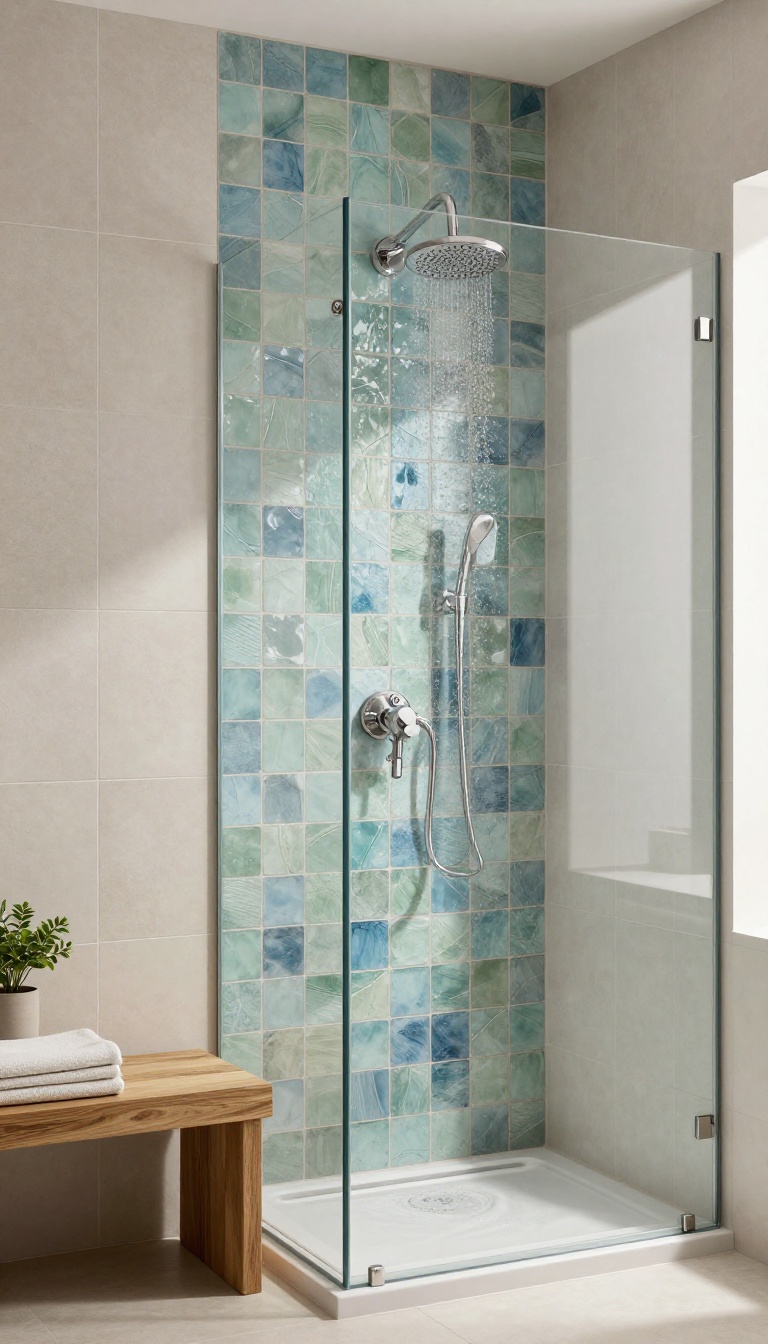 Modern shower with glossy zellige accent wall and matte porcelain tiles