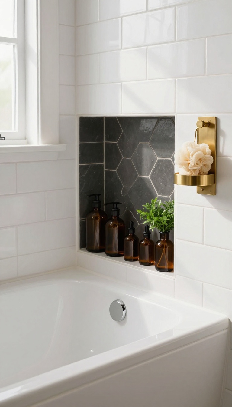 Recessed tile niche and brushed brass caddy in a bright shower-over-bath bathroom