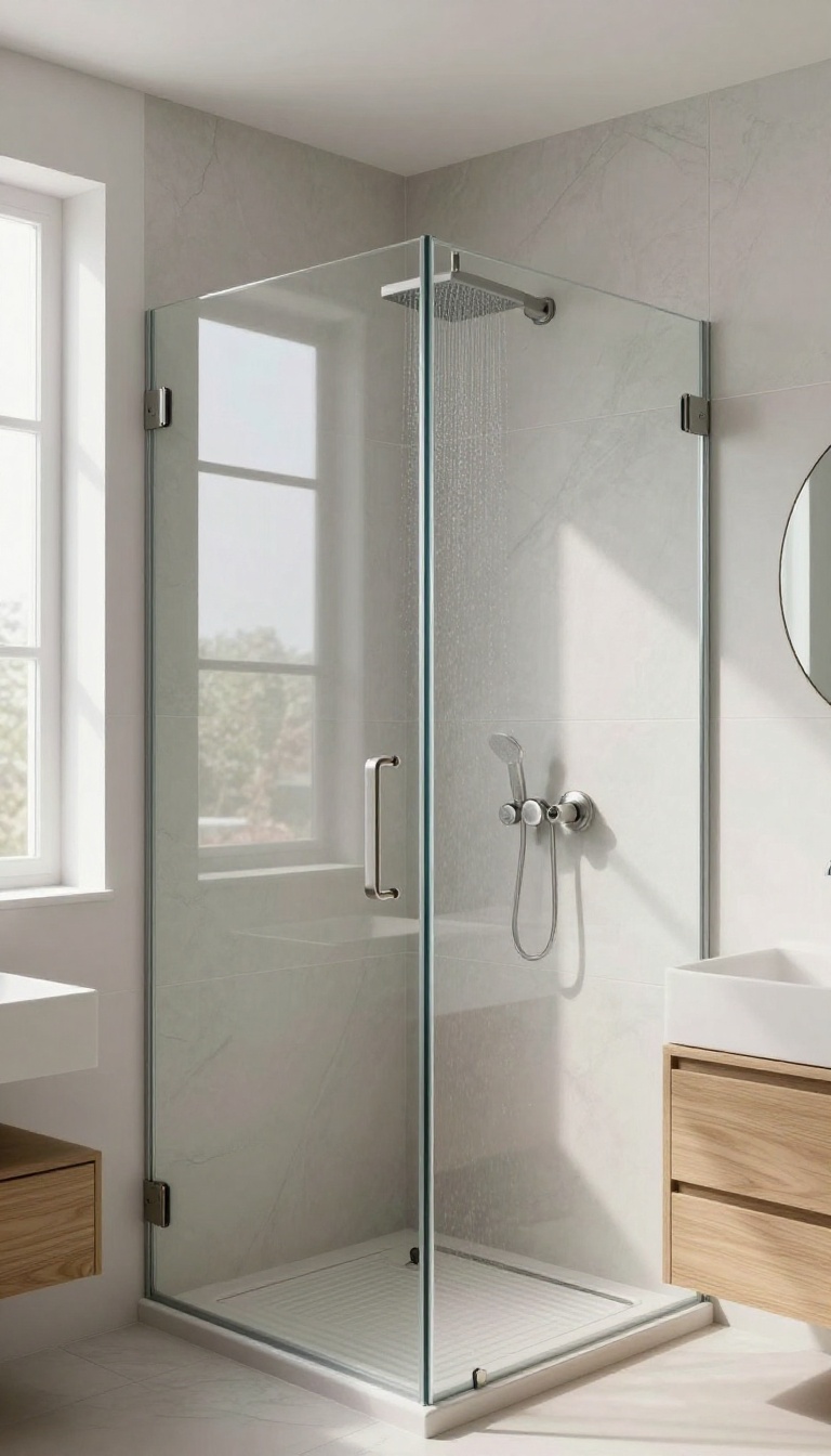 Bright modern bathroom with a frameless glass shower, light gray marble-look tiles, and natural light, showcasing an open and airy design.