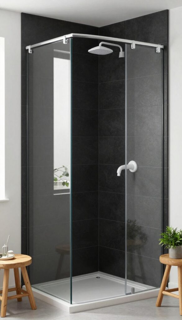 Modern bathroom with matte black shower surround, white fixtures, and natural light