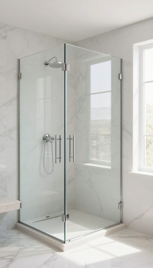 Wide walk-in shower with two glass doors in a bright marble bathroom