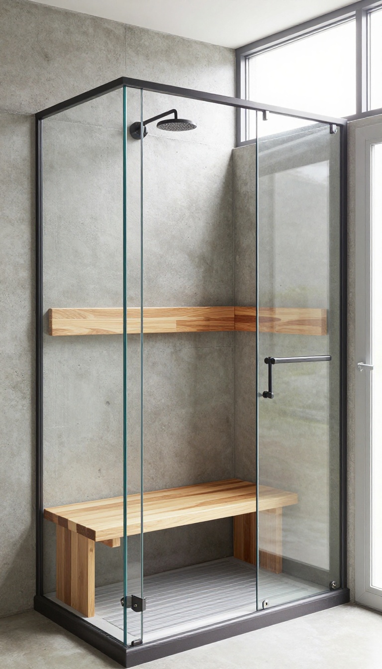 Rustic walk-in shower with concrete walls and a teak wood bench, bathed in natural light