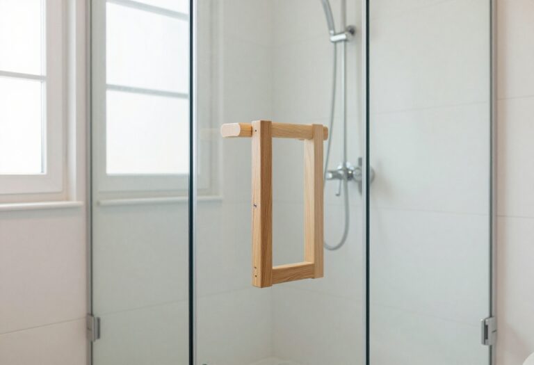 Modern bathroom with a teak wood shower stool inside a glass shower