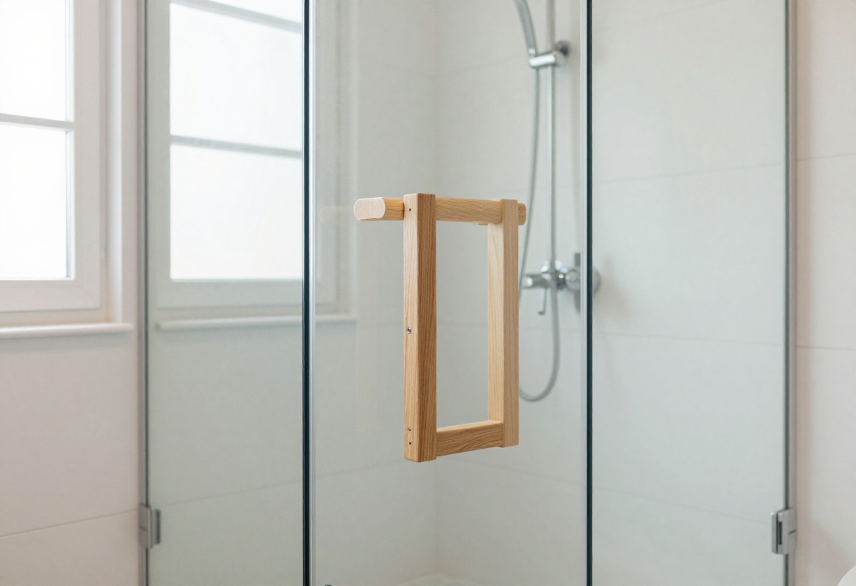 Modern bathroom with a teak wood shower stool inside a glass shower