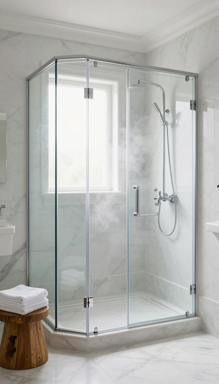 White marble shower with chrome fixtures and glass door in a bright, airy bathroom.