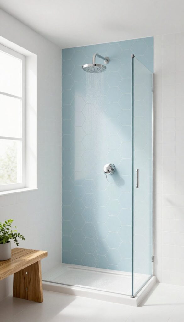 Modern walk-in shower with hexagon tile accent wall in soft blue, white subway tiles, rainfall showerhead, and wooden bench.