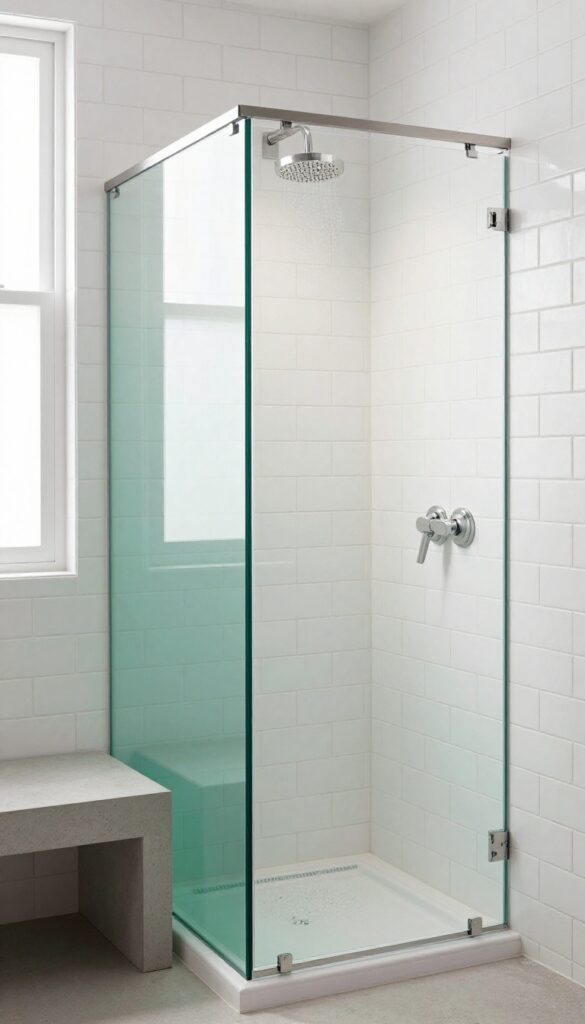 Minimalist walk-in shower with a bench and a single emerald green tile accent strip behind it.