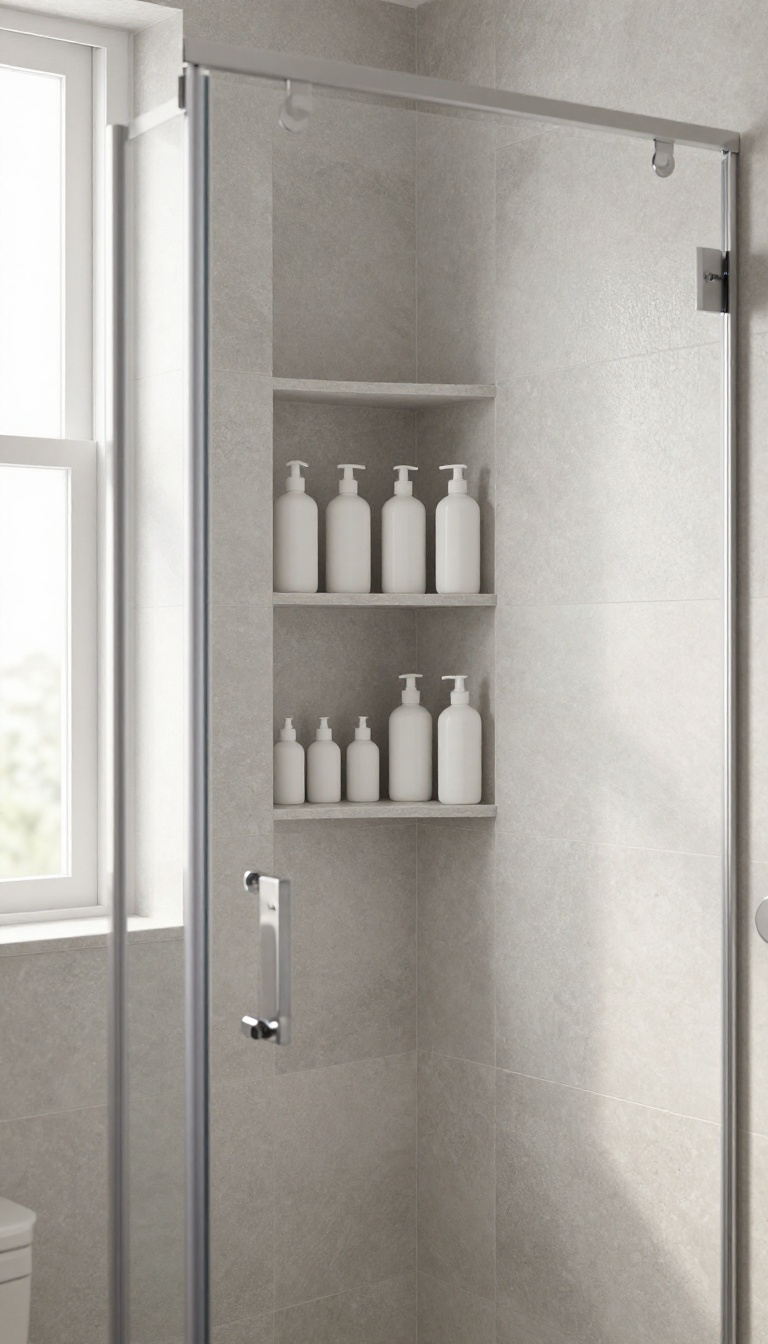 Modern shower with a built-in recessed tile niche holding shampoo and soap bottles, bright natural light, clean organized look.