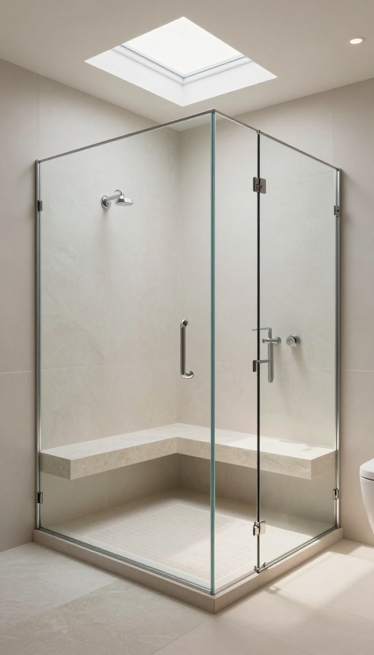 Curbless walk-in shower with a low bench and seamless stone tile floor