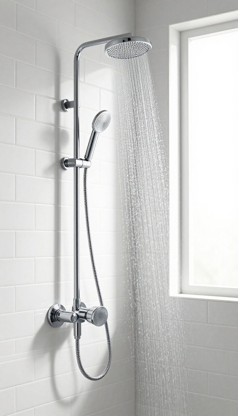 Modern bathroom shower with a handheld shower wand in a clean, bright setting