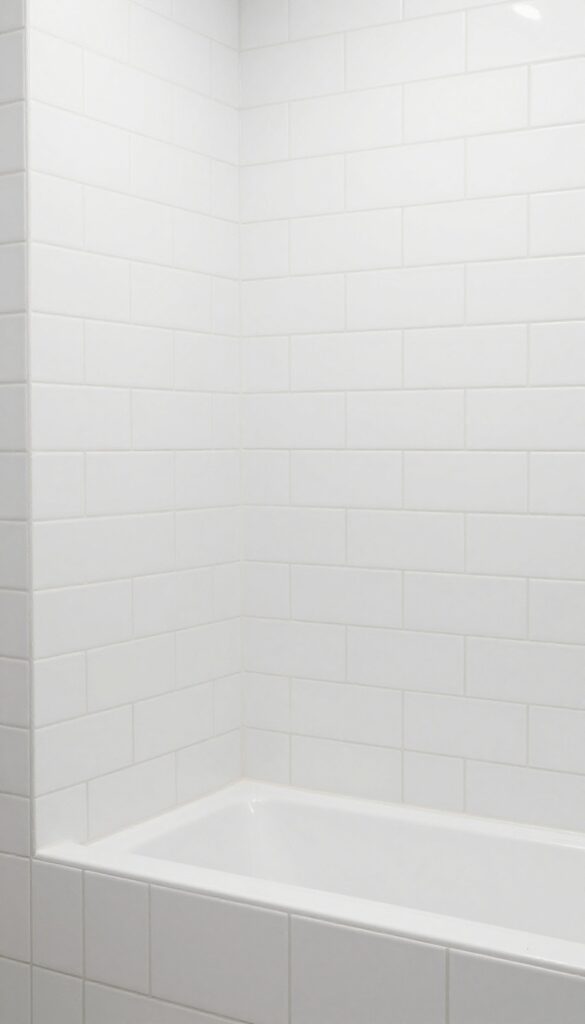 White subway tile shower curb with herringbone pattern and charcoal grout
