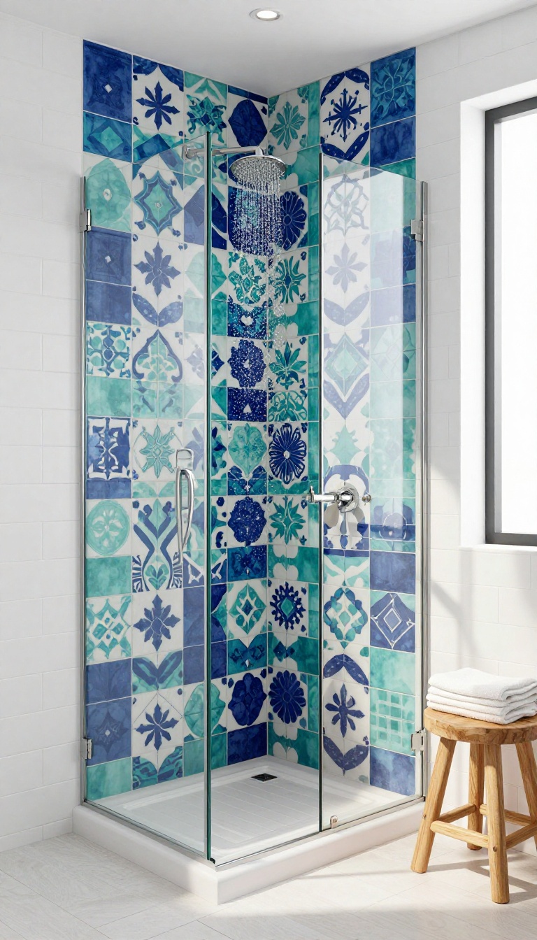 Modern bathroom shower with a bold patterned tile accent wall in blue and white, surrounded by white subway tiles and glass enclosure.