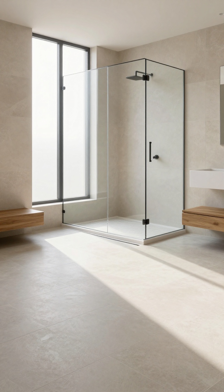 Modern zero-entry shower with a single-slope floor and linear drain, featuring large-format tiles and natural light.