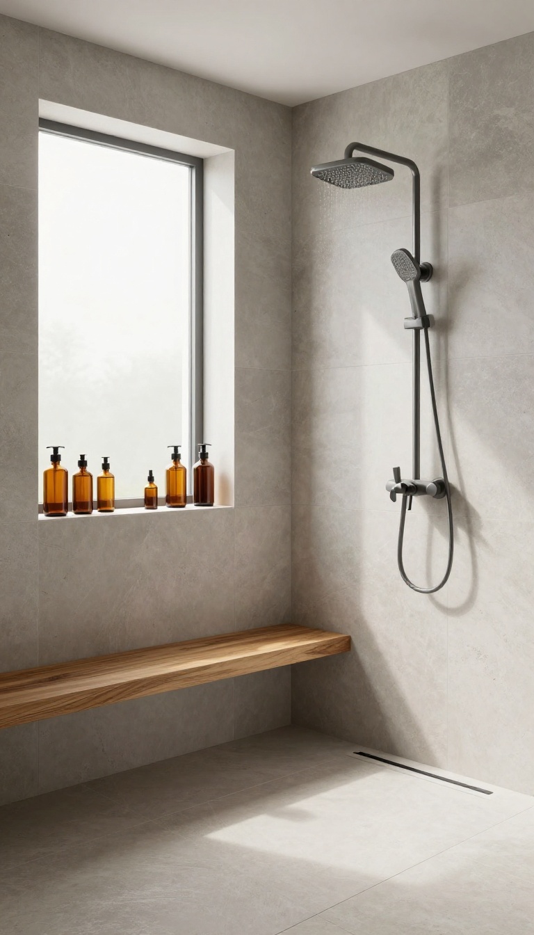 Open walk-in shower with built-in niche shelving and a teak bench, featuring light stone tiles and natural light.
