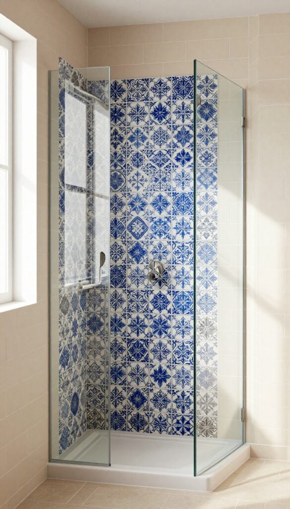Enclosed shower with a bold patterned tile feature wall in blue and white, paired with neutral subway tiles and natural light.