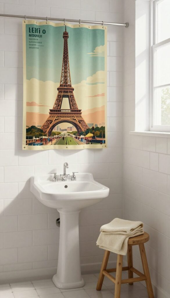 A bathroom with a retro travel poster shower curtain featuring a vintage illustration of the Eiffel Tower, surrounded by simple white tiles and a wooden stool with a towel.