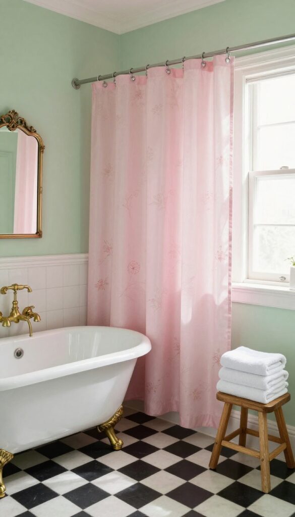Vintage bathroom with a muted pink pastel shower curtain, clawfoot tub, and sage green walls