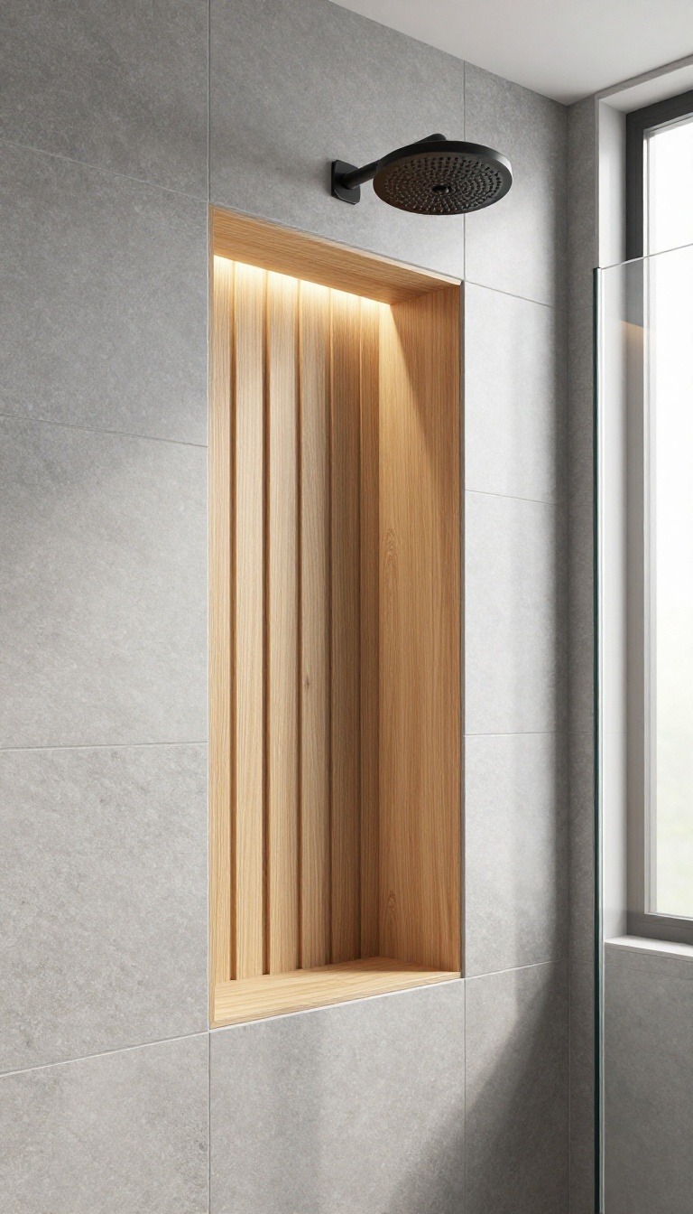 Modern shower niche with wood slat back and stone tile surround